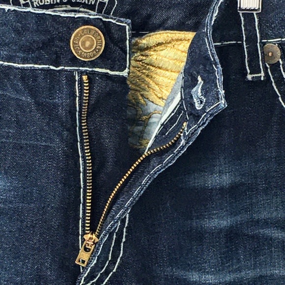 Robins Jeans Mens Blue Classic Embroidered Gold Wings Heavy Stitching 44 x 35 - Picture 4 of 14